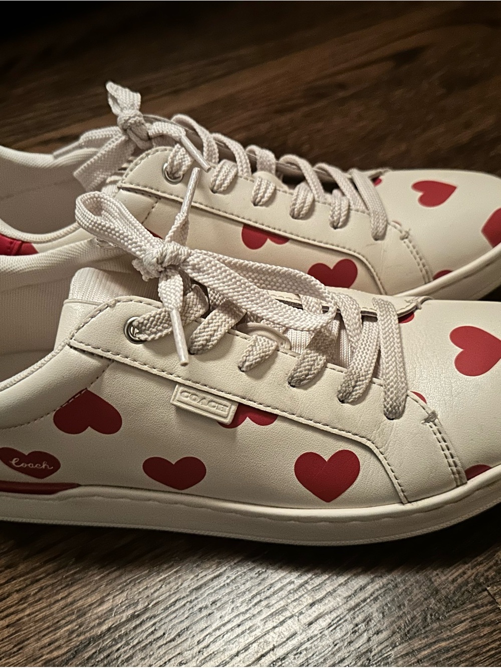 Coach White Sneakers with Red Heart Print